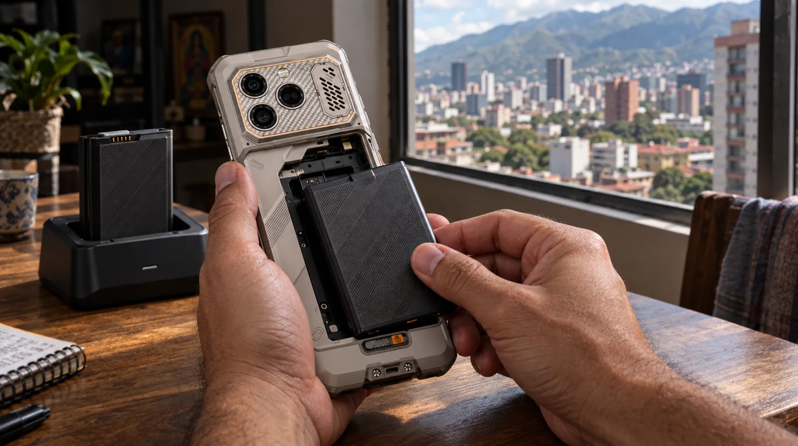 Usuario cambia la batería de un teléfono RugOne Xever 8 junto a su estación de carga durante un apagón en Caracas