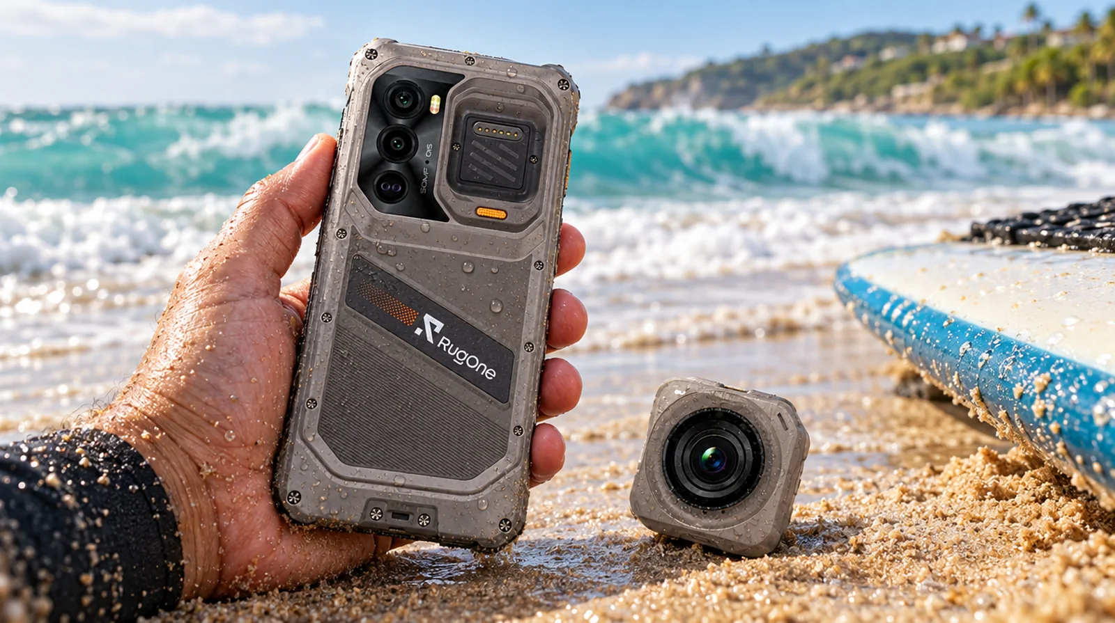 Surfista sostiene el RugOne Xsnap 7 Pro y su cámara de acción desmontable en Playa El Agua, Margarita