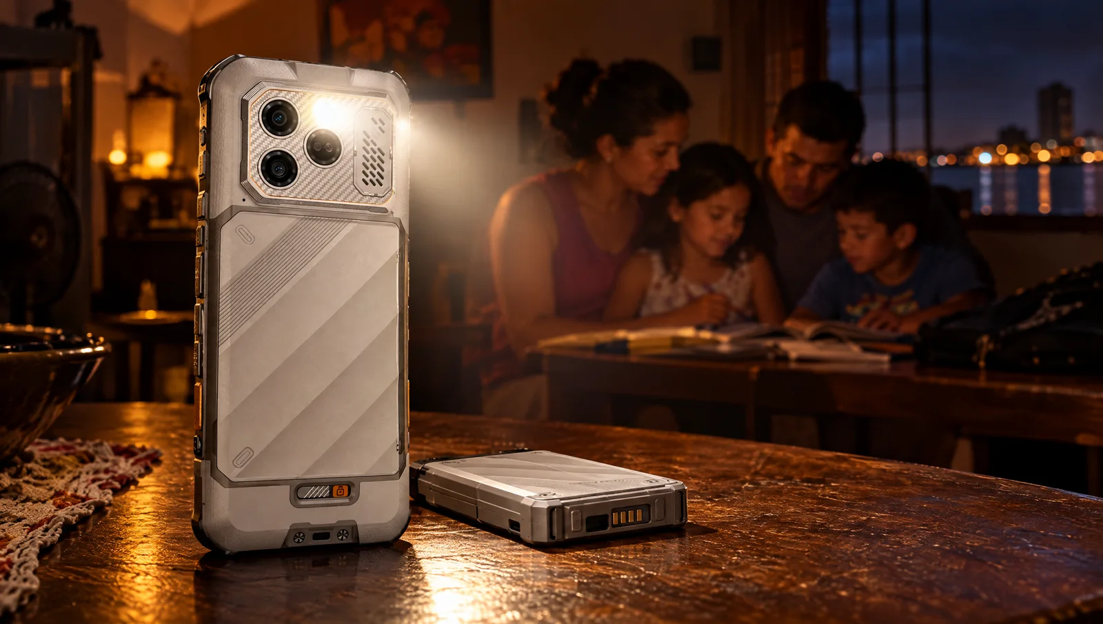 Familia venezolana usando la linterna de un celular RugOne Xever 8 durante un apagón en casa