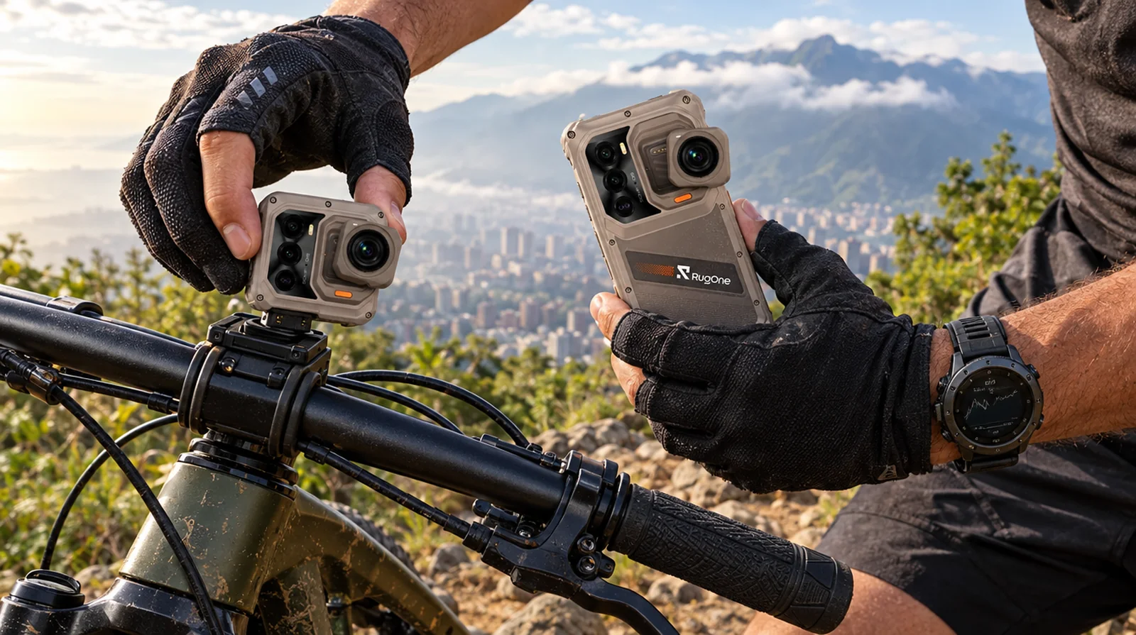 Ciclista coloca la cámara de acción desmontable del RugOne Xsnap 7 Pro en su bicicleta en un sendero del Ávila