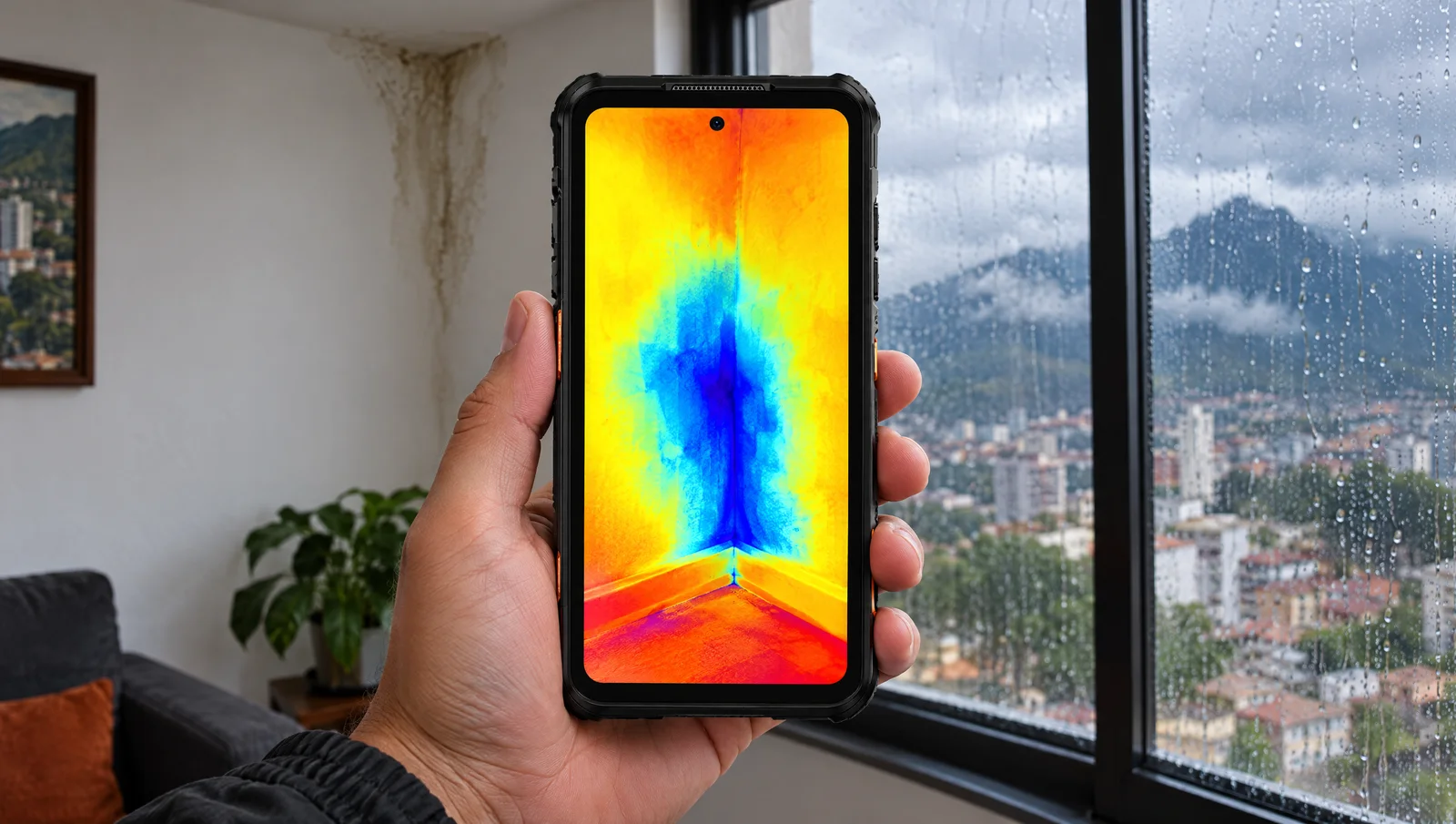 RugOne Xever 7 Pro muestra en pantalla la imagen térmica de una mancha de humedad en la pared de un apartamento en Caracas con el Ávila de fondo