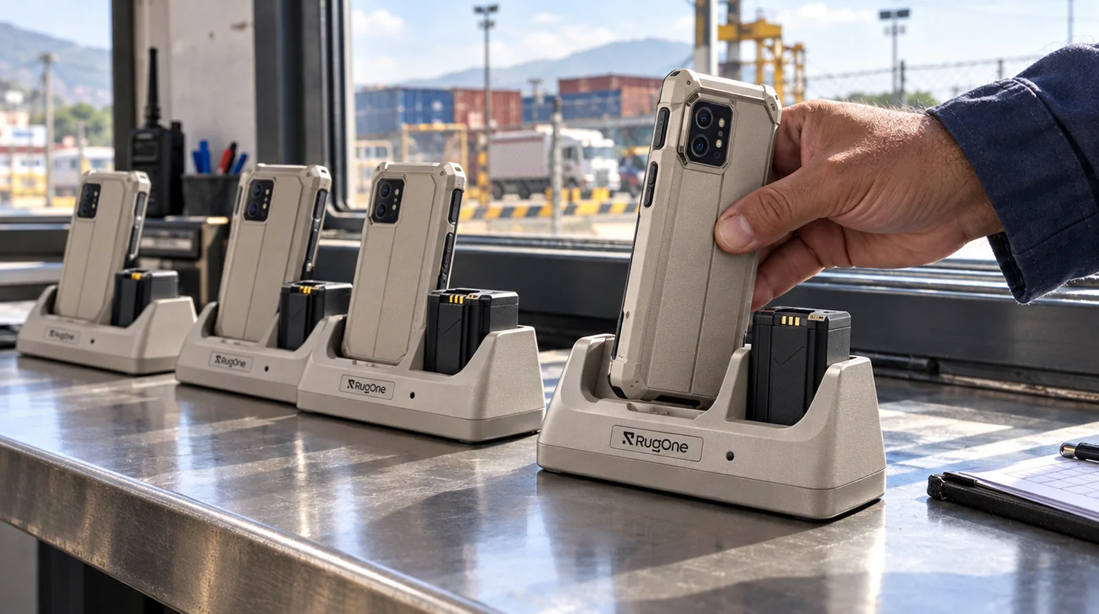 Fila de teléfonos Xever en sus estaciones de carga en una caseta de vigilancia en Valencia