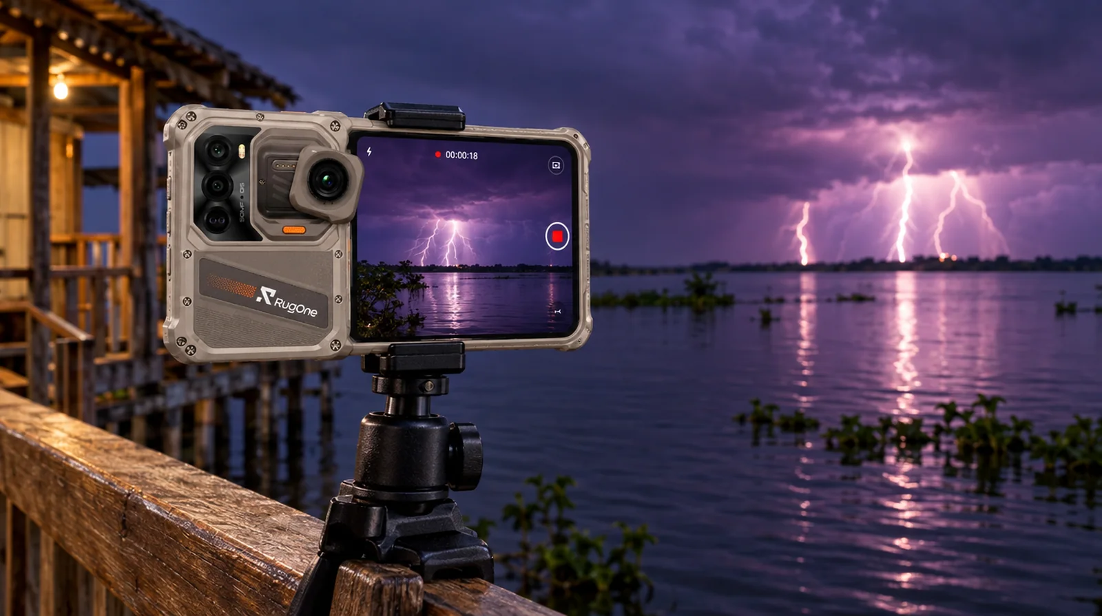 Teléfono RugOne Xsnap 7 Pro en un trípode grabando el relámpago del Catatumbo desde un palafito en el sur del Lago de Maracaibo