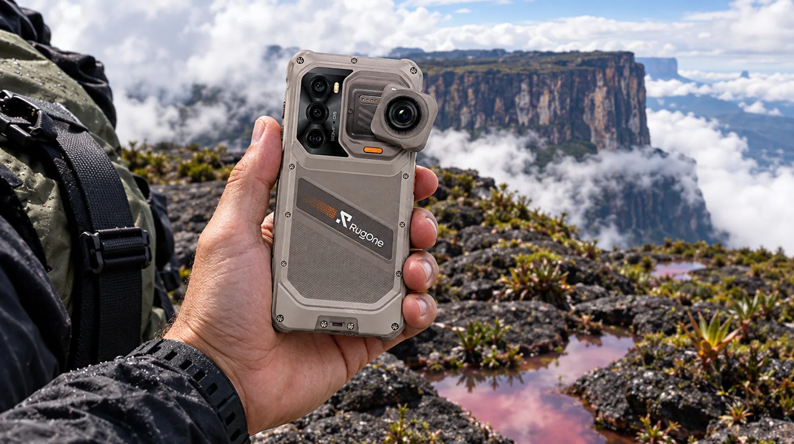 Excursionista graba con un teléfono RugOne de alta resistencia en la cima del tepuy Roraima