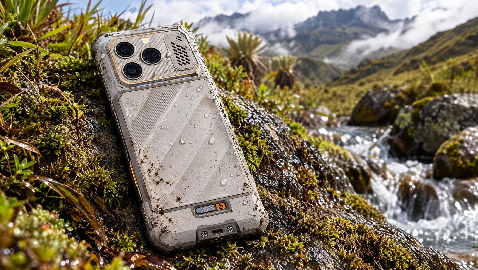 Celular rugerizado RugOne Xever 8 mojado y con barro sobre una roca en la montaña venezolana