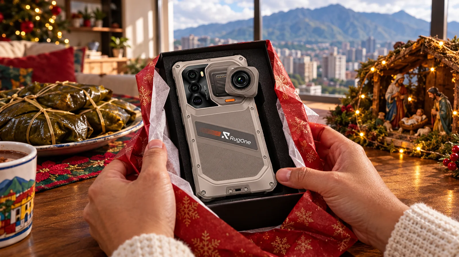 Manos abriendo un regalo de Navidad con un teléfono RugOne junto a hallacas en un apartamento de Caracas