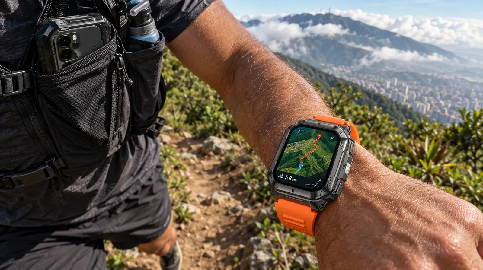 Corredor de trail en el Ávila con el reloj Armor Watch Ultra mostrando la ruta y un teléfono RugOne Xever 7 en el chaleco