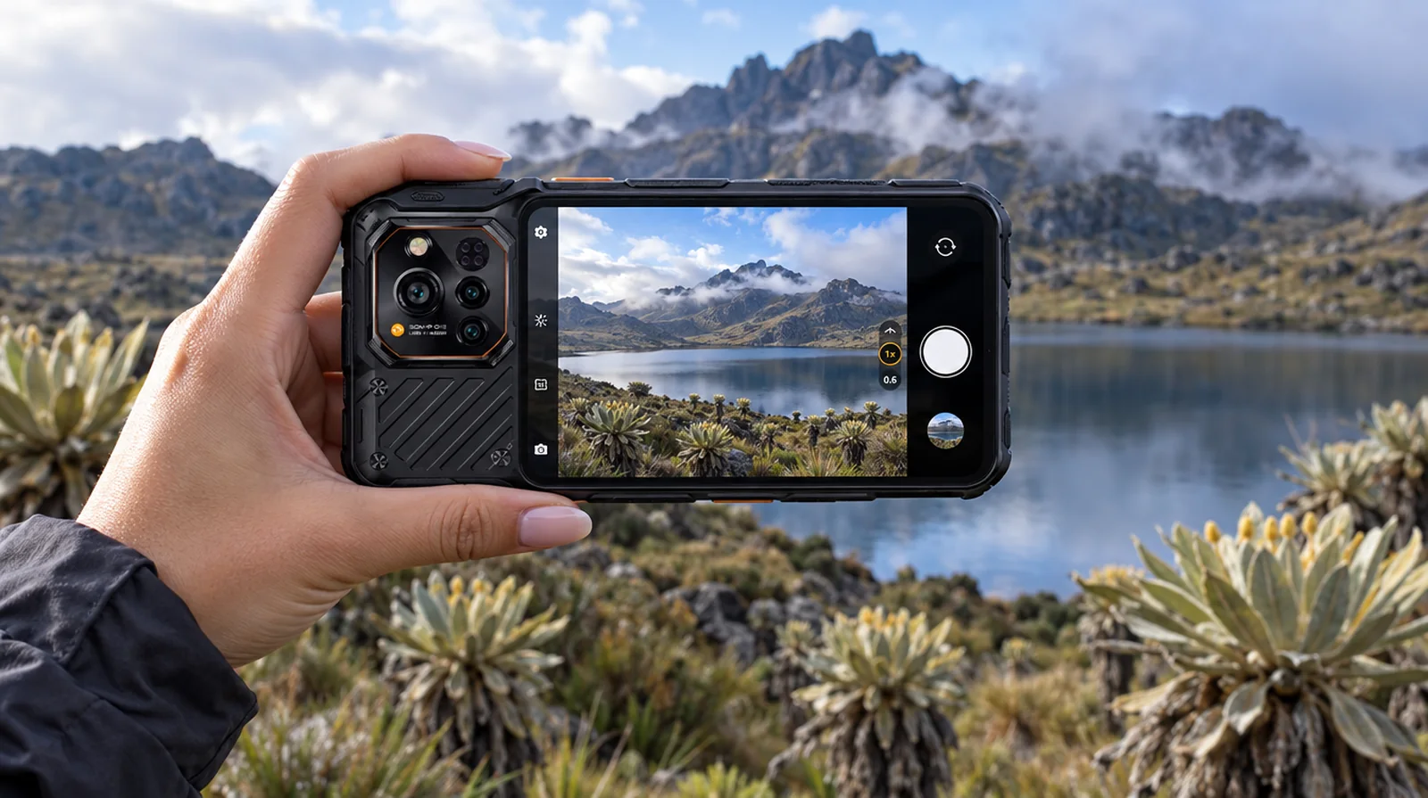 Mano tomando una foto gran angular de la laguna de Mucubají con un RugOne Xever 7