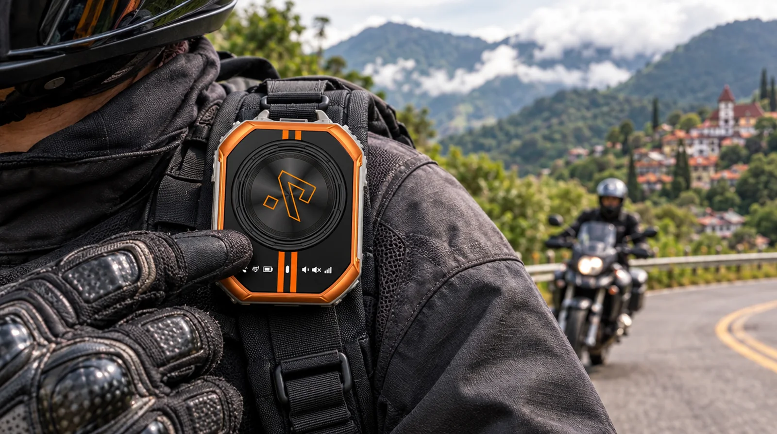Walkie-talkie RugOne Xlink 7 en la correa de un motociclista en la carretera a la Colonia Tovar
