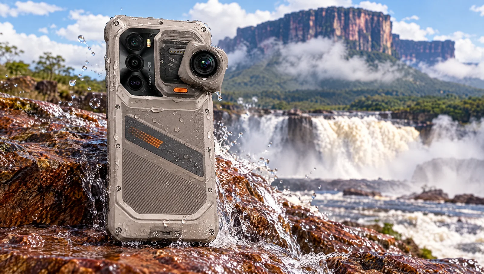 Teléfono rugerizado RugOne Xsnap 7 Pro mojado sobre rocas junto a un salto de agua en Canaima, Venezuela