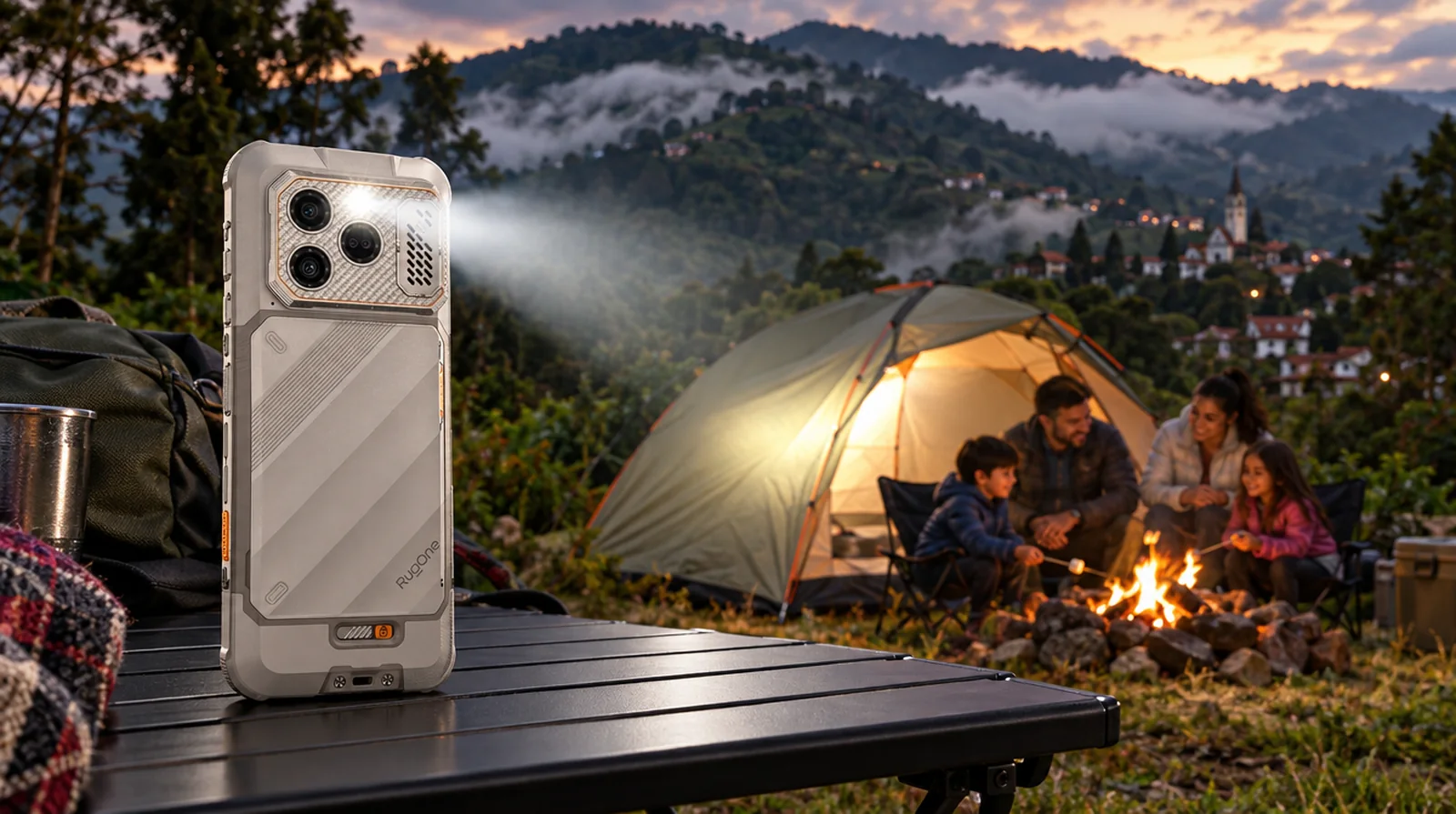 Teléfono Xever 8 ilumina con su linterna un campamento familiar en la Colonia Tovar al atardecer