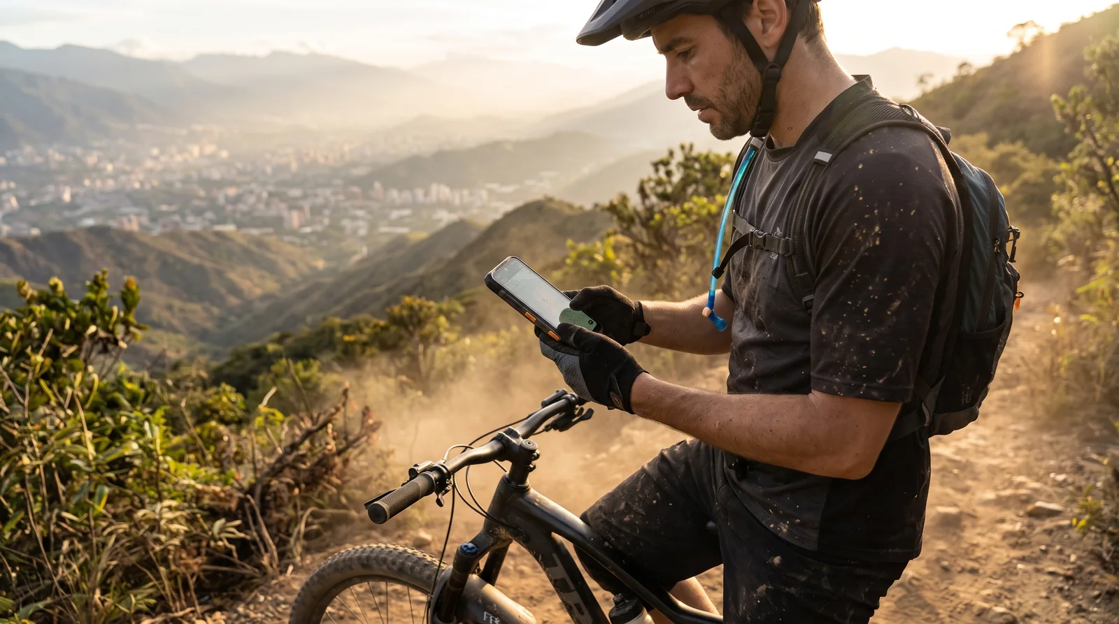 Ciclista de montaña bajando por un sendero de El Ávila con Caracas al fondo