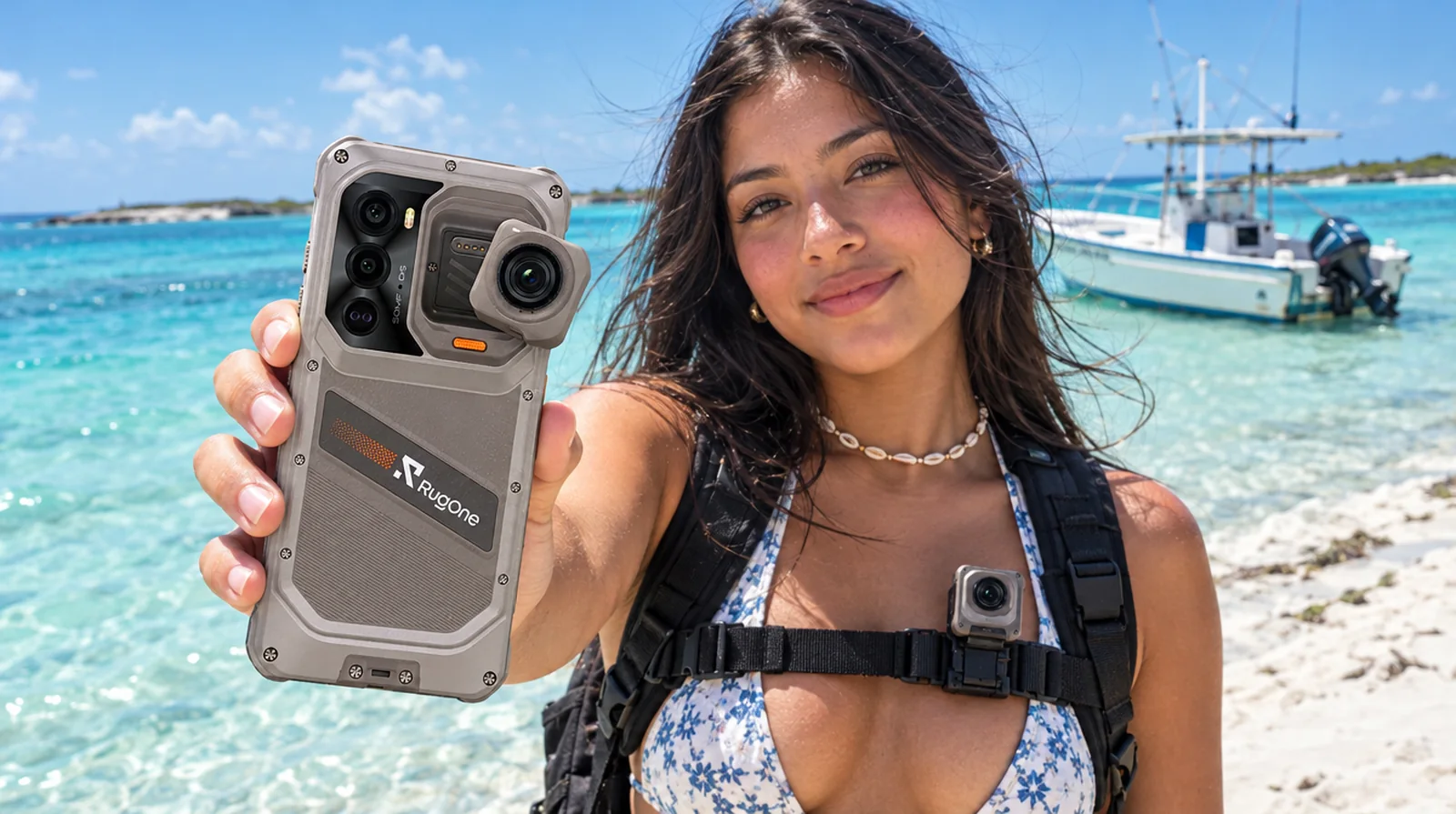 Creadora de contenido grabando con el Xsnap 7 Pro en Cayo de Agua, Los Roques