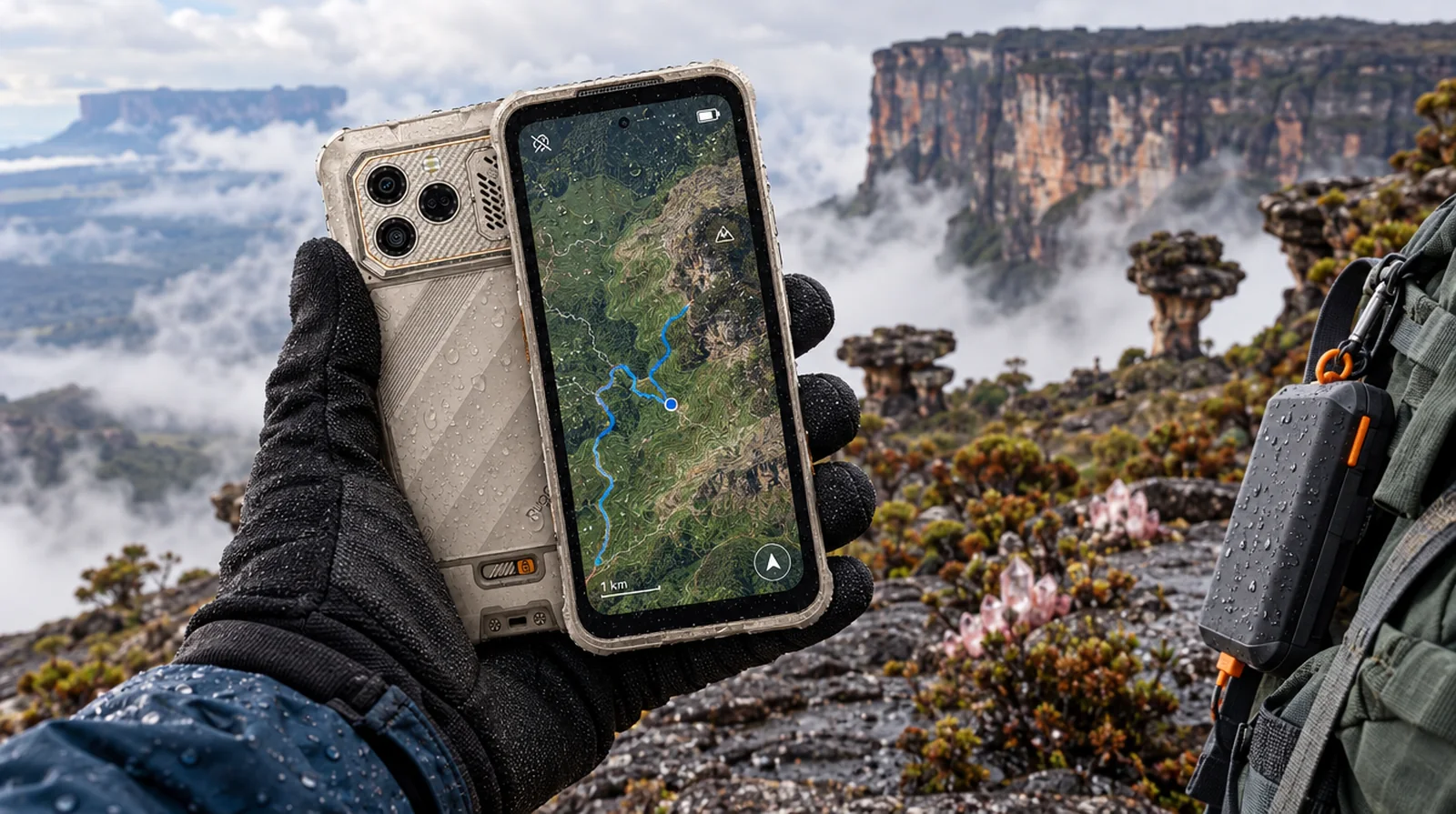 Excursionista consultando el GPS en un teléfono resistente RugOne Xever 8 en la cumbre del Roraima con neblina