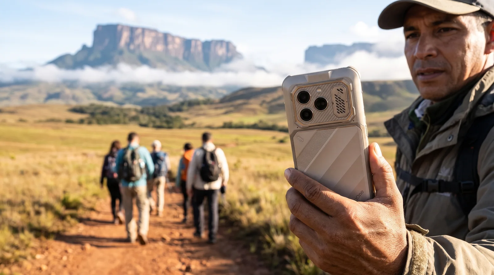 Guía de turismo en la Gran Sabana con un teléfono RugOne Xever 8 y un grupo de excursionistas frente a los tepuyes Roraima y Kukenán