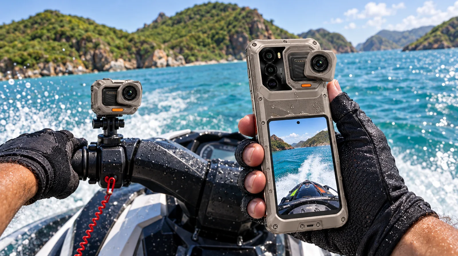 Piloto de jet ski en Mochima con un teléfono RugOne y su cámara de acción desmontable