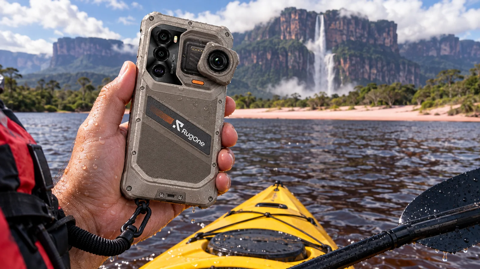 Kayakista usando el Xsnap 7 Pro con correa en la laguna de Canaima