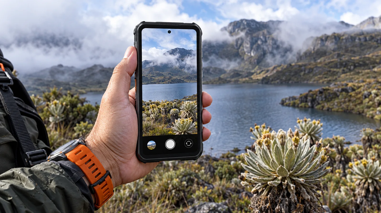 Mochilero fotografía la laguna de Mucubají en Mérida con un teléfono de alta resistencia RugOne Xever 7 y un reloj Armor Watch Ultra