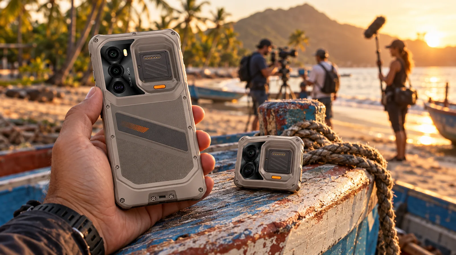Camarógrafo usa el RugOne Xsnap 7 Pro con su cámara de acción desmontable durante un rodaje en la playa de Choroní