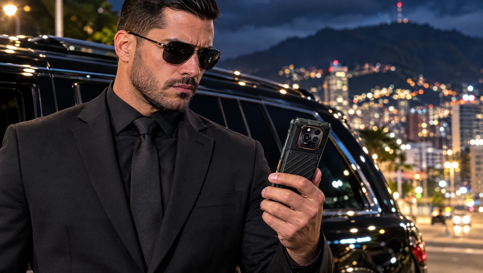 Profesional de seguridad privada junto a una camioneta en un estacionamiento de Caracas de noche