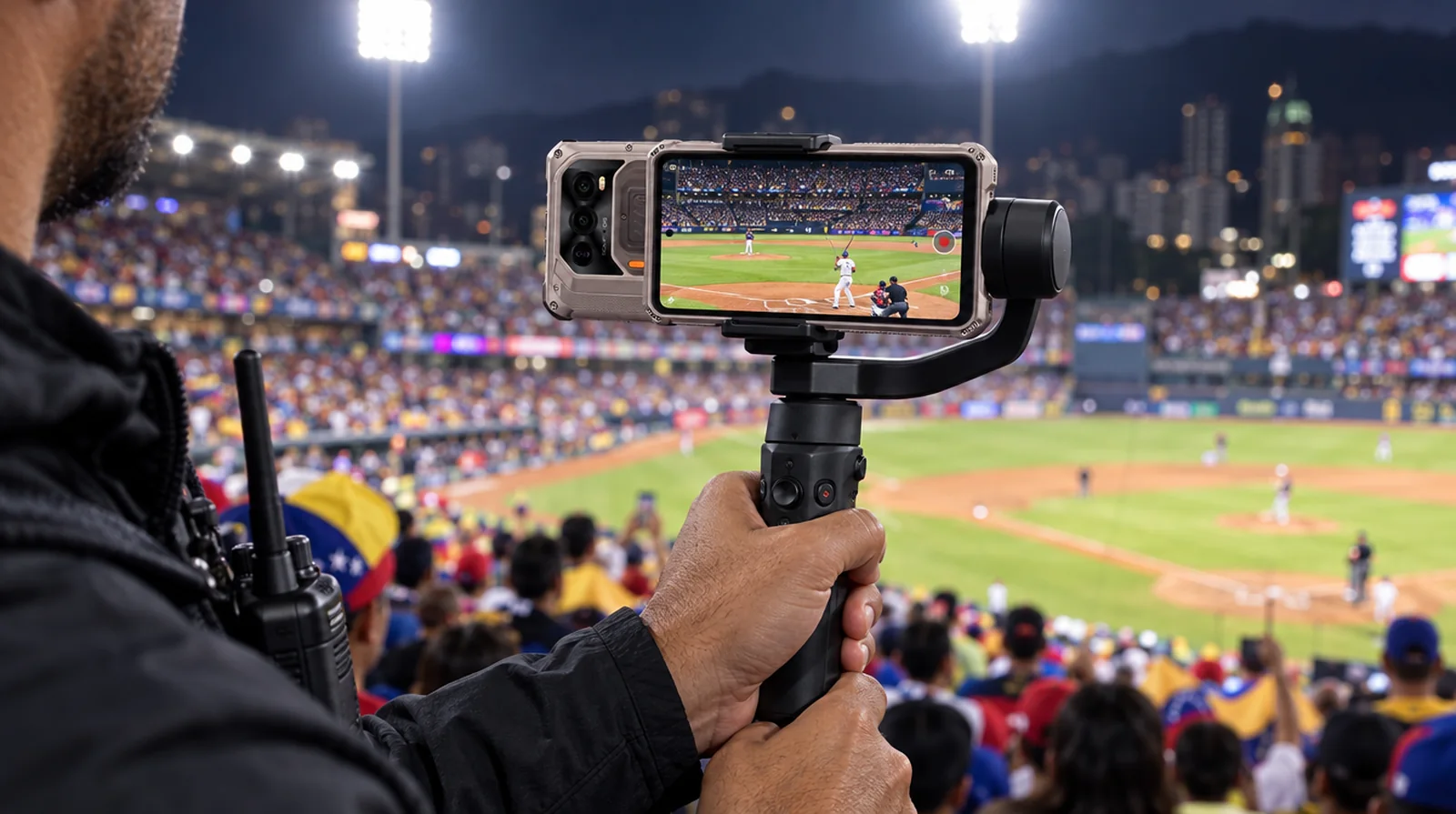Operador transmite en vivo un juego de béisbol en Caracas con un teléfono RugOne en un estabilizador