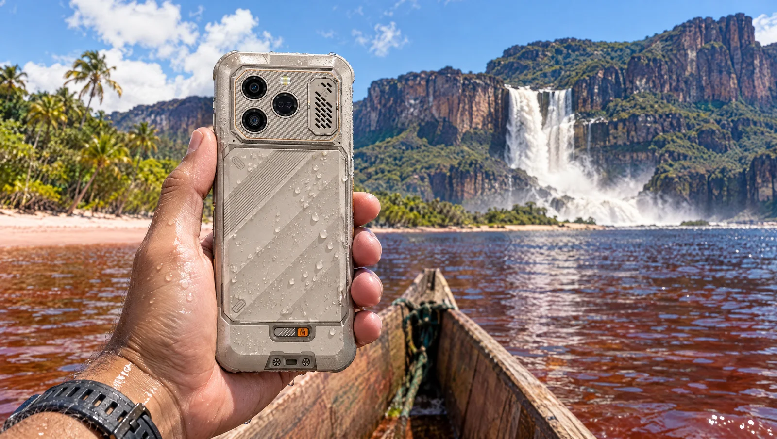 Viajero en curiara en la laguna de Canaima fotografía los saltos con un RugOne Xever 8 mojado