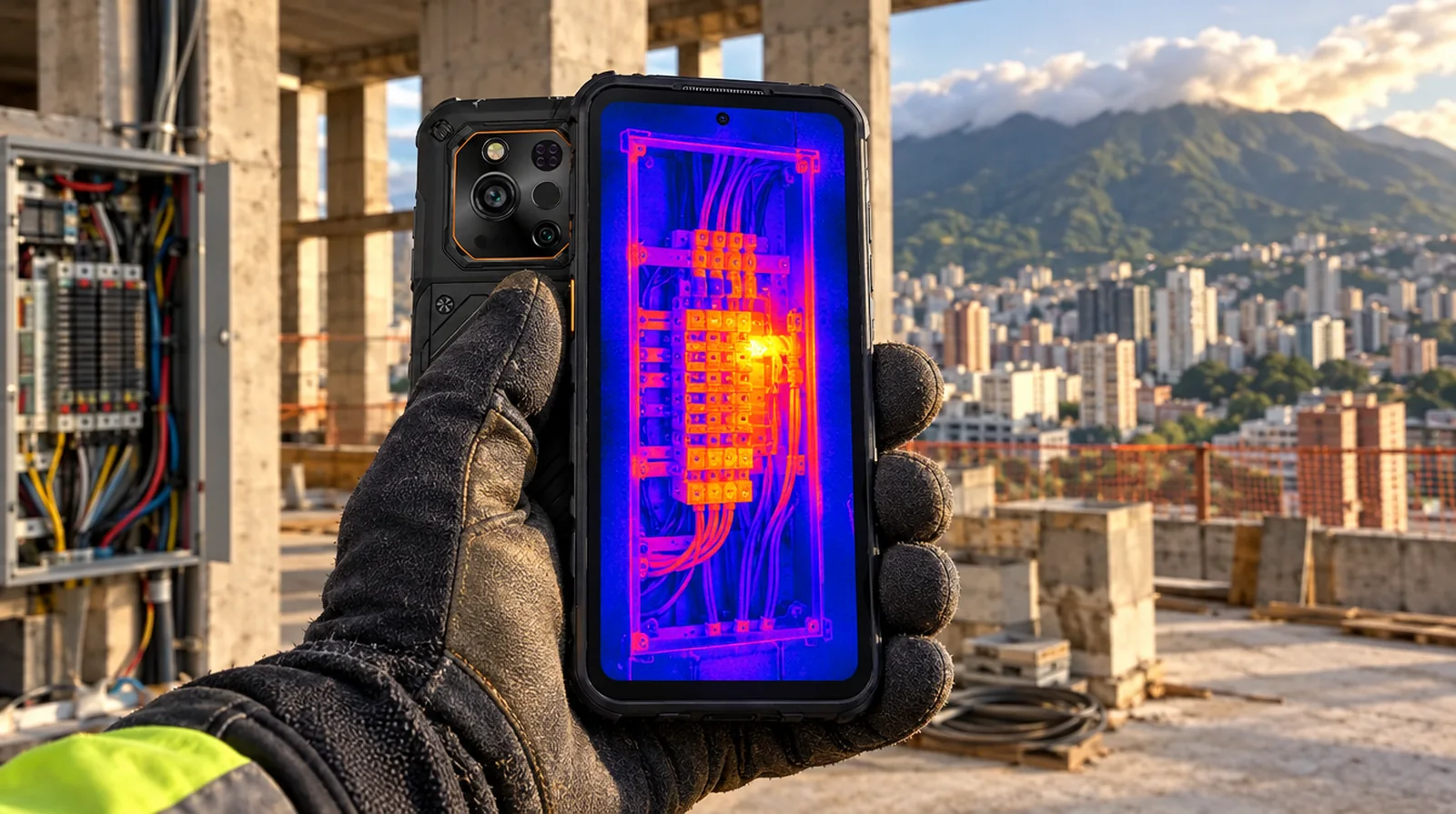 Ingeniero de obra revisa un tablero eléctrico con la cámara térmica de un teléfono de alta resistencia RugOne en Caracas