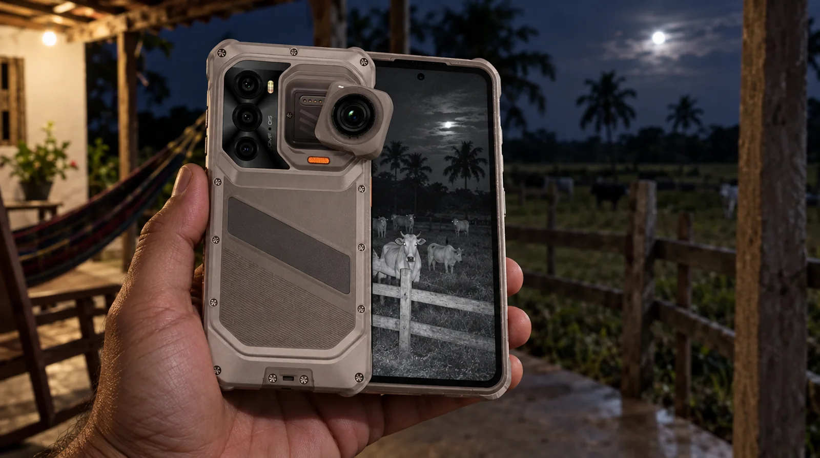 Mano sosteniendo un teléfono RugOne con visión nocturna en el porche de una finca en Barinas de noche