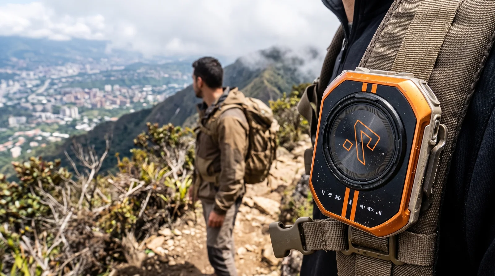 Walkie-talkie 4G RugOne Xlink 7 sujeto al tirante de la mochila de un excursionista en El Ávila con Caracas al fondo