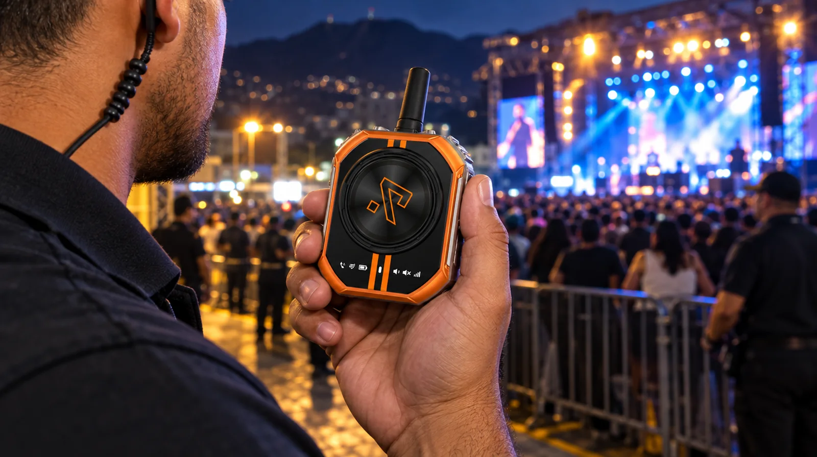 Coordinador de seguridad usa el walkie-talkie 4G RugOne Xlink 7 en la entrada de un concierto en Caracas