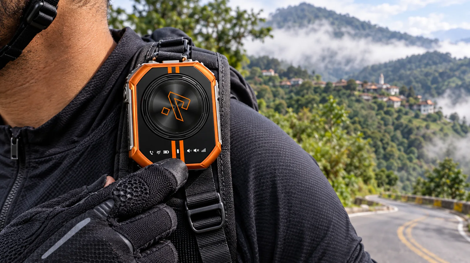 Walkie-talkie 4G Xlink 7 en la mochila de un ciclista en la vía a la Colonia Tovar