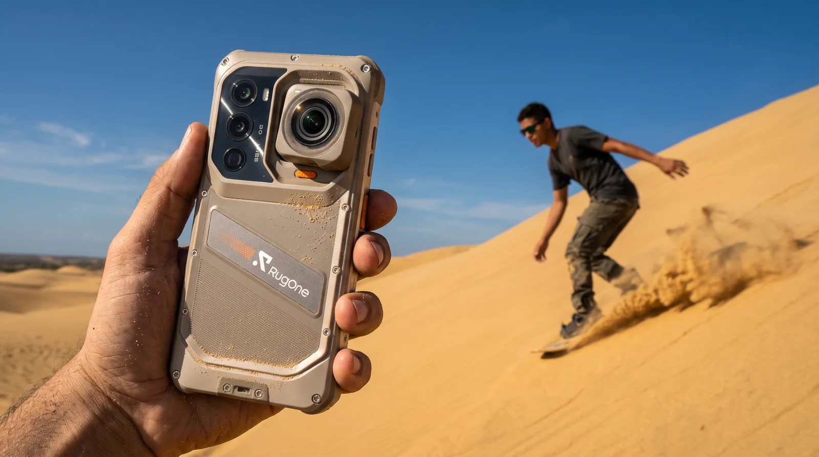 RugOne Xsnap 7 Pro en primer plano en los Médanos de Coro con un sandboarder bajando una duna al fondo