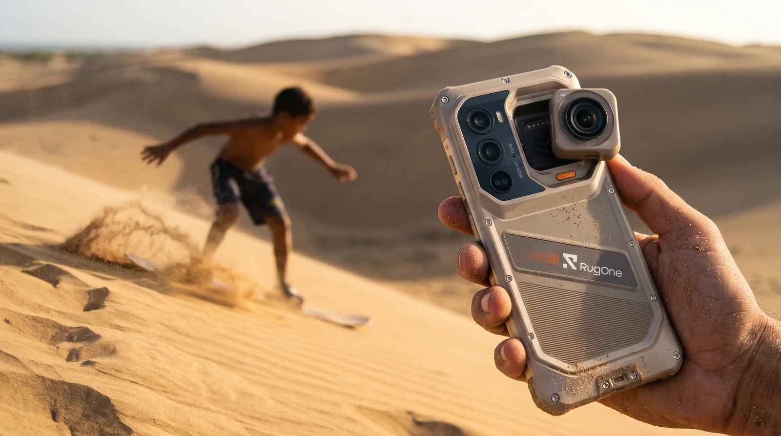 Teléfono RugOne Xsnap 7 Pro en la mano frente a un sandboarder grabando con cámara de pecho en los Médanos de Coro