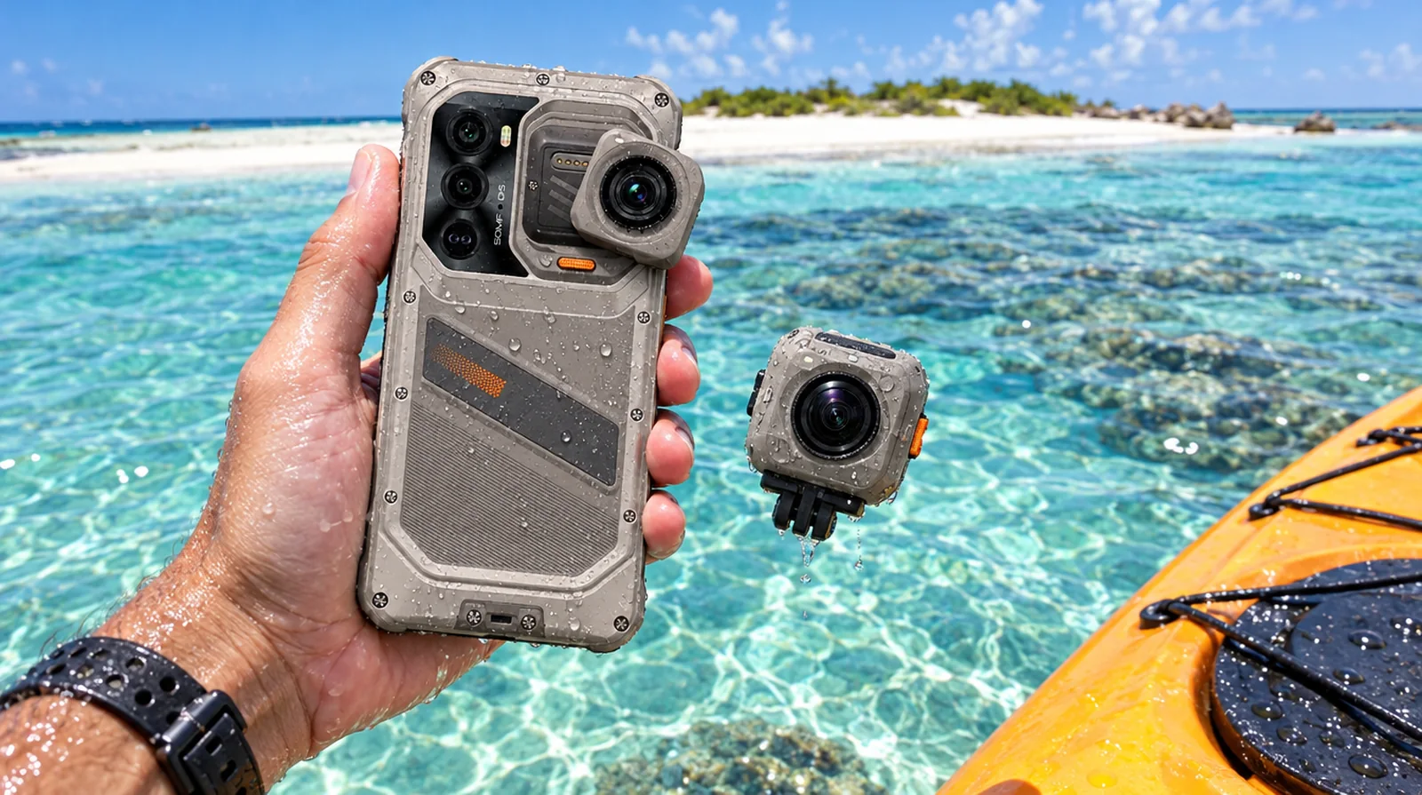 Xsnap 7 Pro con su cámara de acción desmontable grabando en Cayo de Agua, Los Roques