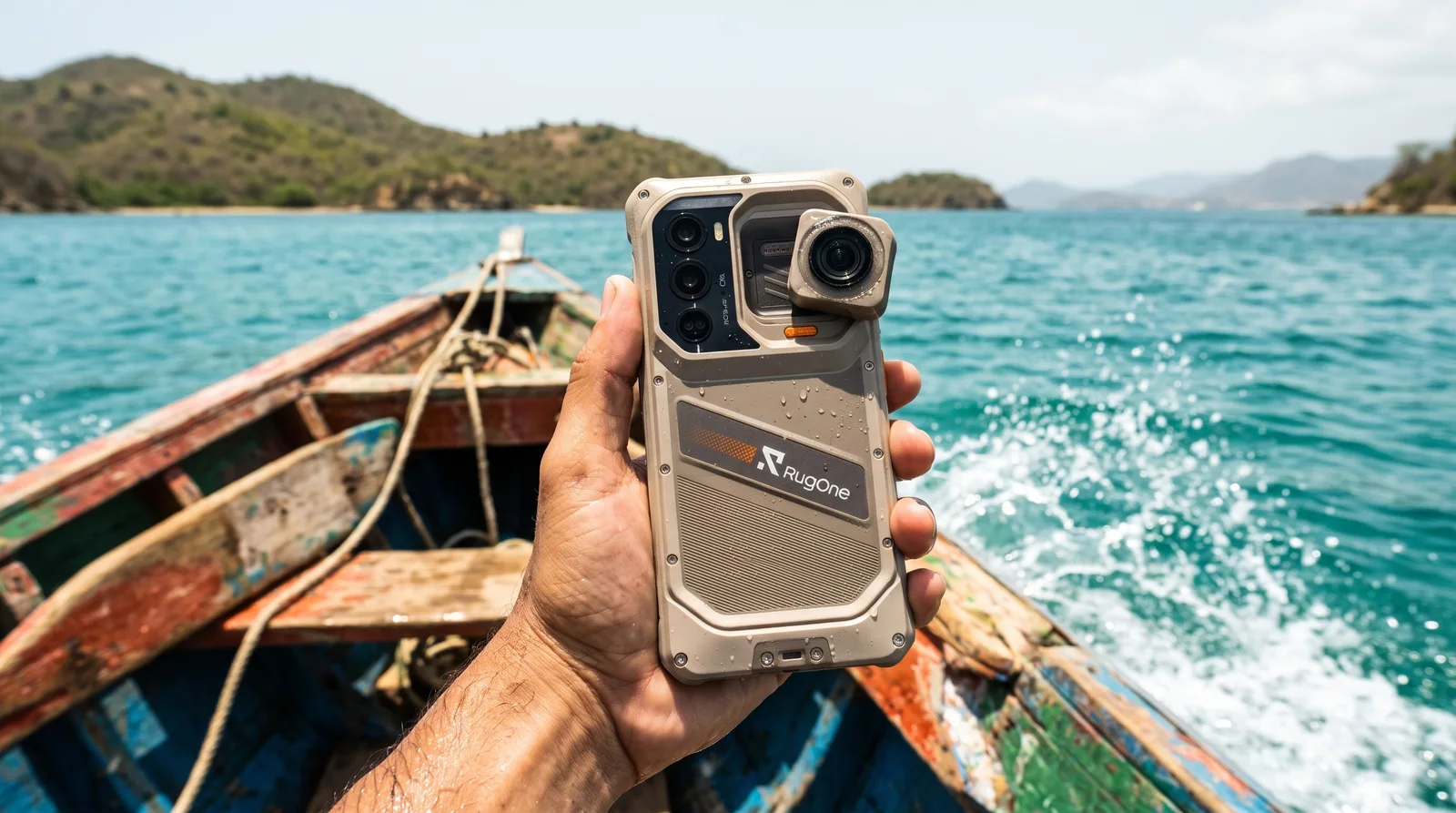 RugOne Xsnap 7 Pro con su cámara de acción desmontable, mojado por el agua en un peñero en la bahía de Mochima