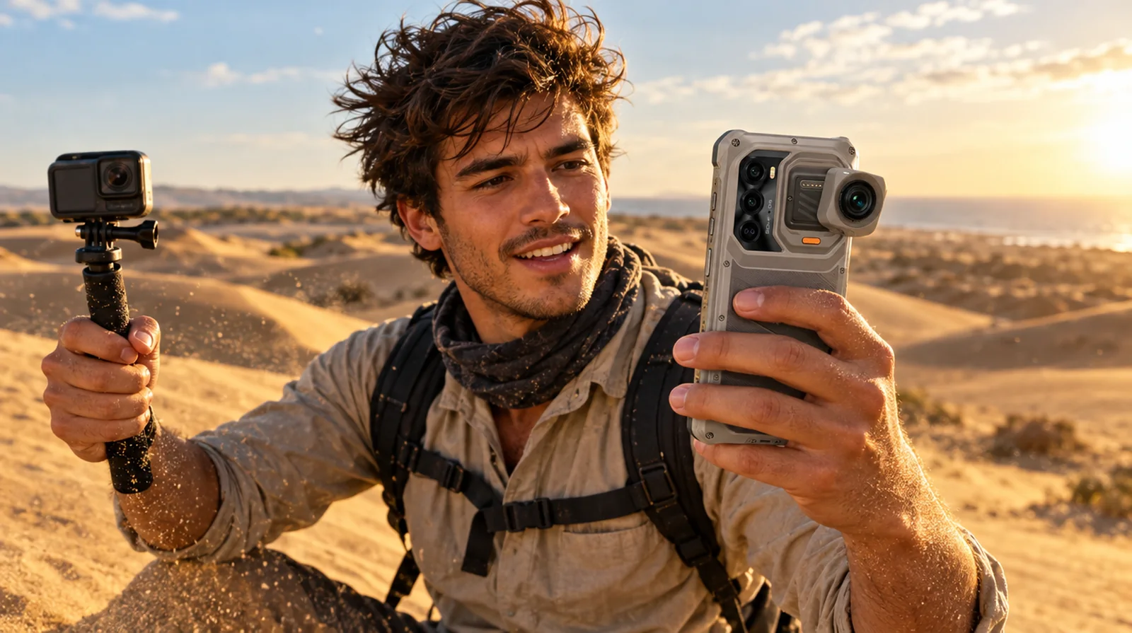 Creadora de contenido con el Xsnap 7 Pro y su cámara de acción en los Médanos de Coro