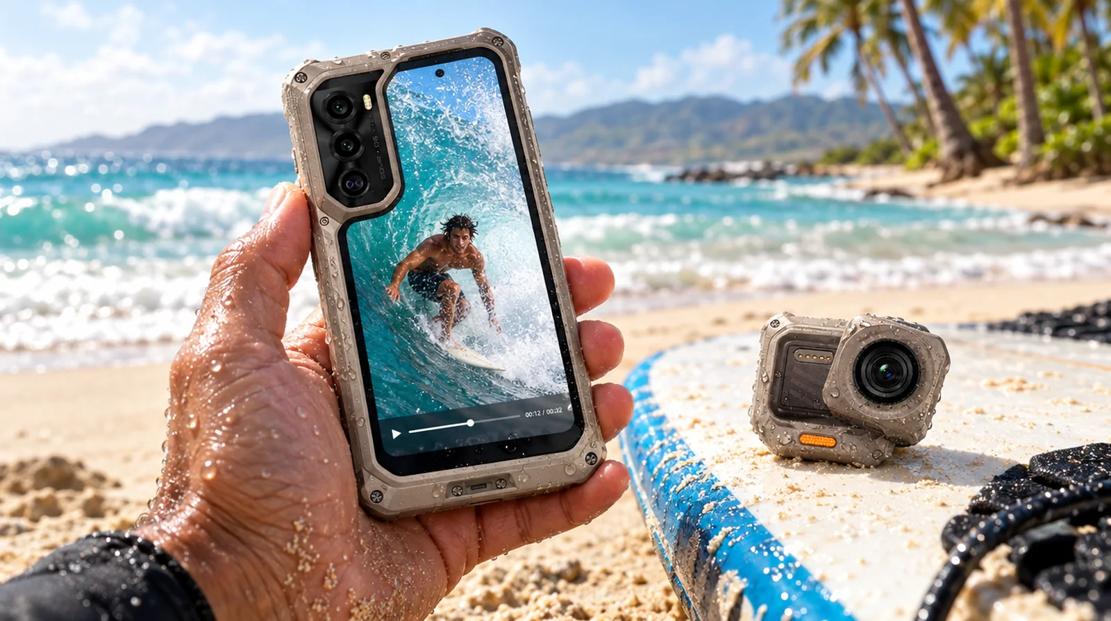 Surfista revisando un video en el Xsnap 7 Pro en Playa El Agua, Margarita